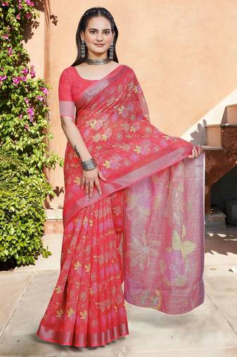 Red linen cotton woven border printed saree