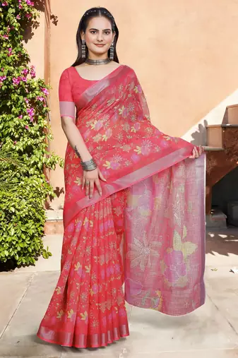 Red linen cotton woven border printed saree