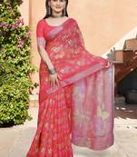 Red linen cotton woven border printed saree