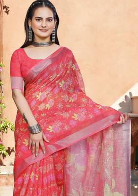 Red linen cotton woven border printed saree 3