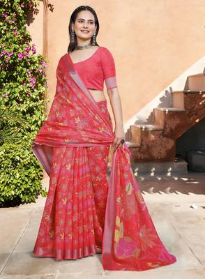 Red linen cotton woven border printed saree 4