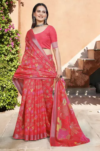 Red linen cotton woven border printed saree