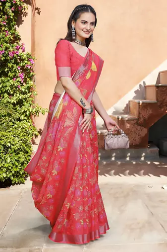 Red linen cotton woven border printed saree