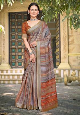 Grey linen cotton woven border printed saree 1