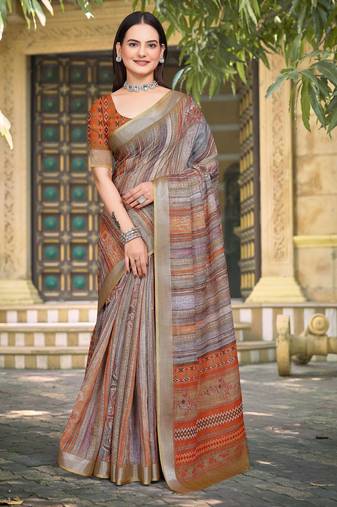 Grey linen cotton woven border printed saree