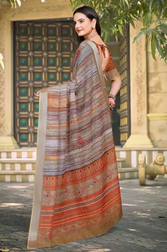 Grey linen cotton woven border printed saree