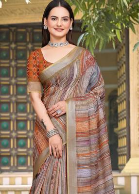 Grey linen cotton woven border printed saree 3