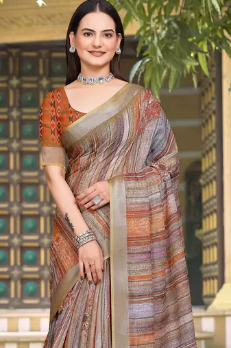 Grey linen cotton woven border printed saree