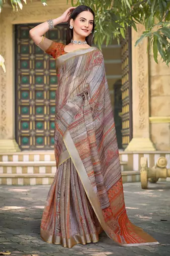 Grey linen cotton woven border printed saree