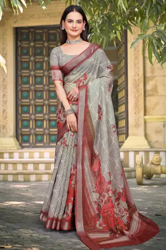 Grey linen cotton woven border printed saree