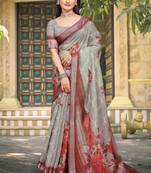 Grey linen cotton woven border printed saree
