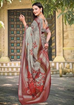 Grey linen cotton woven border printed saree 2