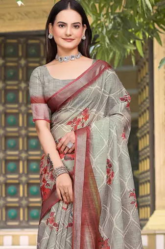 Grey linen cotton woven border printed saree