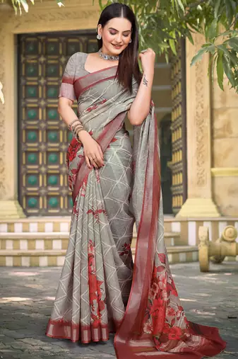 Grey linen cotton woven border printed saree