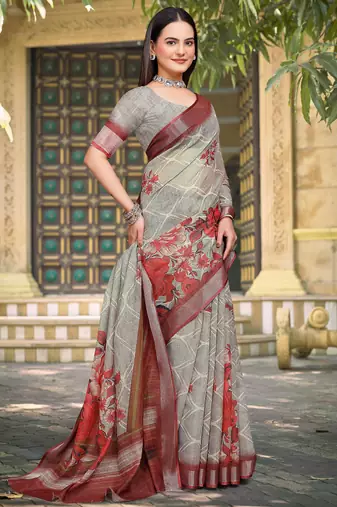 Grey linen cotton woven border printed saree