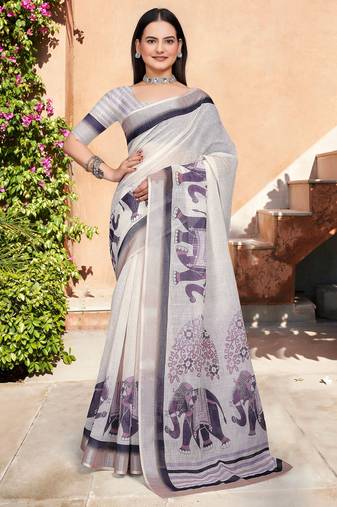 Off white linen cotton woven border printed saree