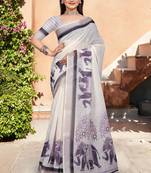 Off white linen cotton woven border printed saree