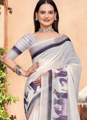 Off white linen cotton woven border printed saree 3