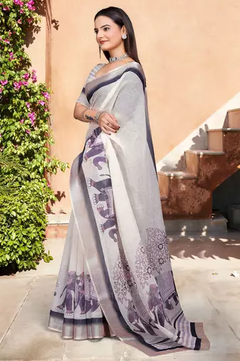Off white linen cotton woven border printed saree