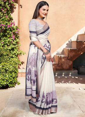 Off white linen cotton woven border printed saree 5