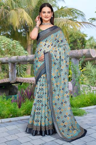 Green linen cotton woven border printed saree