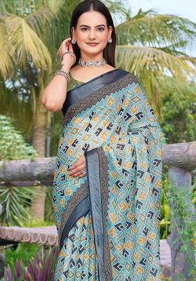 Green linen cotton woven border printed saree 3