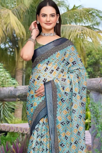 Green linen cotton woven border printed saree
