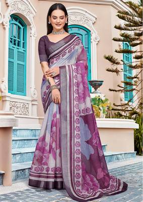 Purple linen cotton woven border printed saree 1