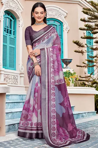 Purple linen cotton woven border printed saree