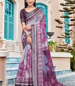 Purple linen cotton woven border printed saree