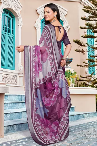 Purple linen cotton woven border printed saree