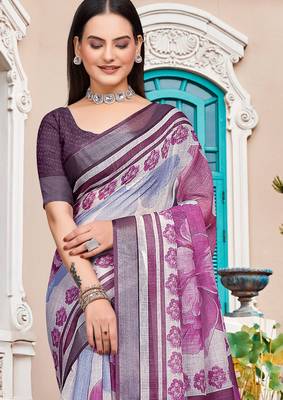 Purple linen cotton woven border printed saree 3