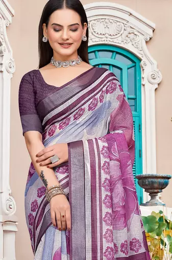Purple linen cotton woven border printed saree