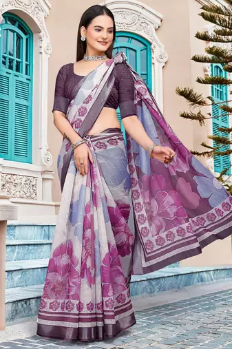 Purple linen cotton woven border printed saree