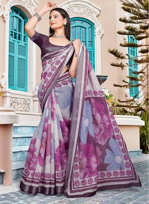 Purple linen cotton woven border printed saree 5