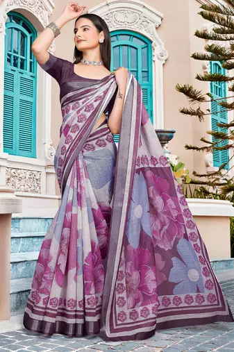 Purple linen cotton woven border printed saree
