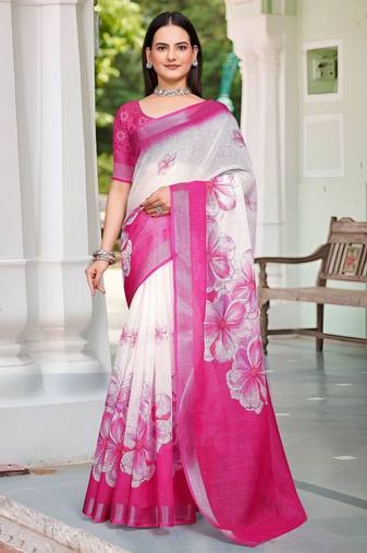 Pink linen cotton woven border printed saree