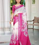 Pink linen cotton woven border printed saree