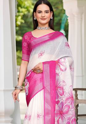 Pink linen cotton woven border printed saree 3