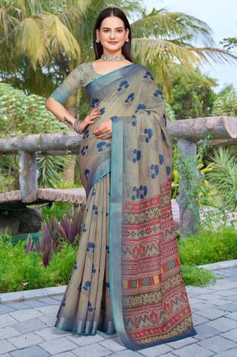 Grey linen cotton woven border printed saree