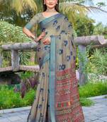 Grey linen cotton woven border printed saree