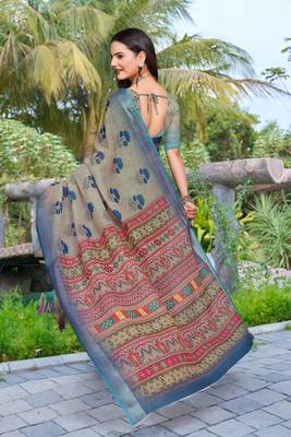 Grey linen cotton woven border printed saree 2