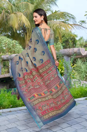 Grey linen cotton woven border printed saree