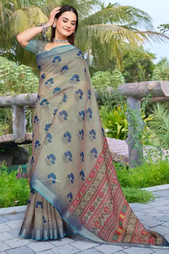 Grey linen cotton woven border printed saree