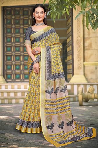 Yellow linen cotton woven border printed saree