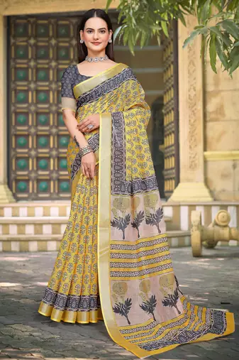 Yellow linen cotton woven border printed saree