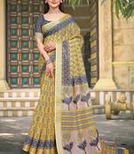 Yellow linen cotton woven border printed saree
