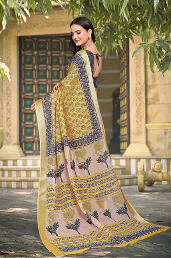 Yellow linen cotton woven border printed saree