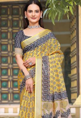 Yellow linen cotton woven border printed saree 3