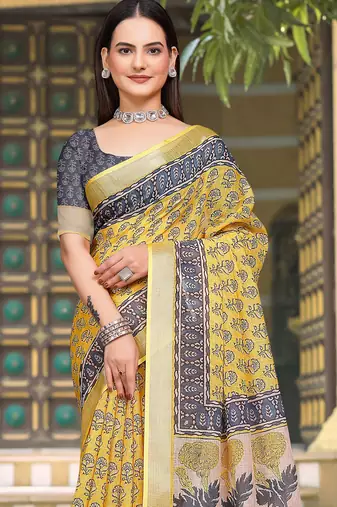 Yellow linen cotton woven border printed saree